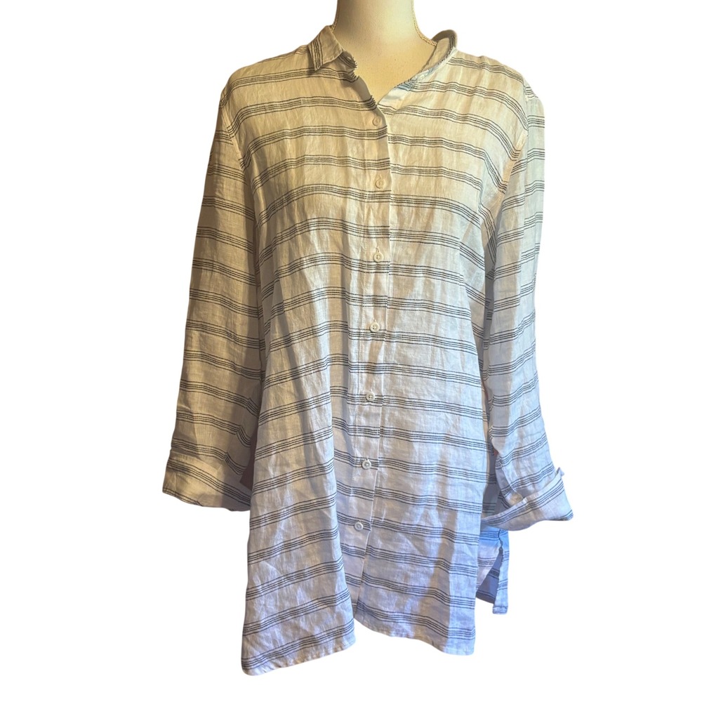 Garnet Hill Linen Striped Tunic Shirt Large White Blue Quiet Luxury Coastal